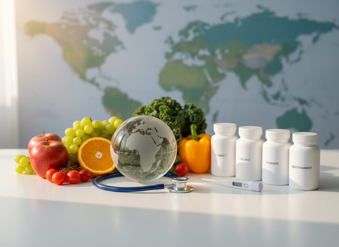 A neatly arranged still life of global health essentials on a smooth white tabletop: a clear glass globe etched with continents at the center, surrounded by a stethoscope, colorful fresh fruits and vegetables, a small row of supplement bottles with clean, unbranded labels, and a sleek digital thermometer. In the background, a softly blurred world map in muted blues and greens suggests international coverage. Soft daylight from the left creates gentle reflections on the glass globe and subtle shadows under each object. Photographic realism with a clean, modern aesthetic, shot at eye level with a slight angle, using shallow depth of field to keep the foreground sharply in focus while maintaining a calm, professional, and trustworthy atmosphere.